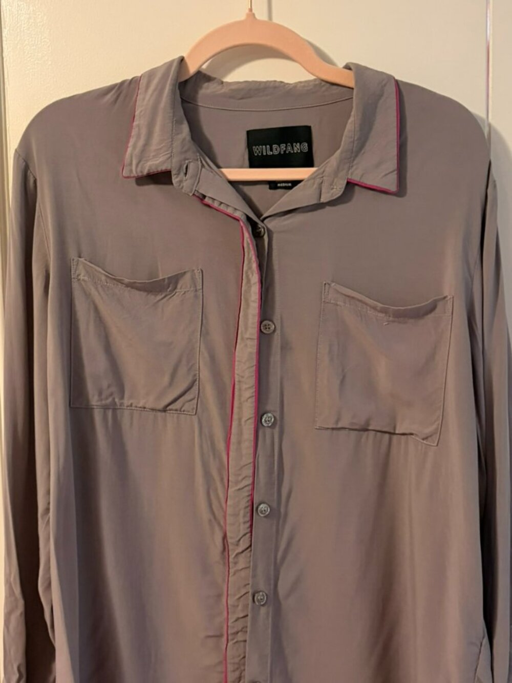 ## ✨ Wildfang Grey Long-Sleeve Button-Up Shirt with Neon Pink Piping ✨